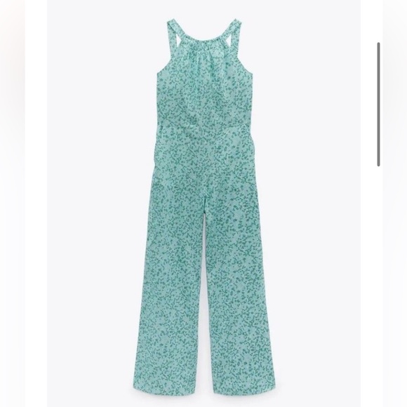 ZARA NECKHOLDER OVERALL LINEN BLEND FLORAL FLOWERS GREEN JUMPSUIT Size XS - Picture 3 of 14